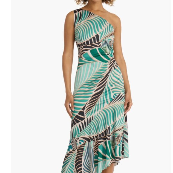 NEW Maggy London One Shoulder Asymmetrical Midi Dress Tropical Size 12 - Picture 1 of 10